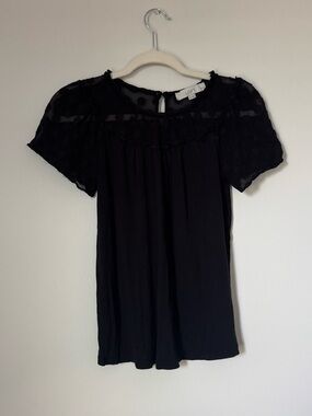 LOFT Black Lace Yoke Short Sleeve Blouse